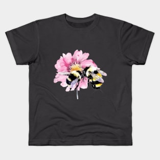 Bees in Watercolor Sitting on A Pink Flower Kids T-Shirt